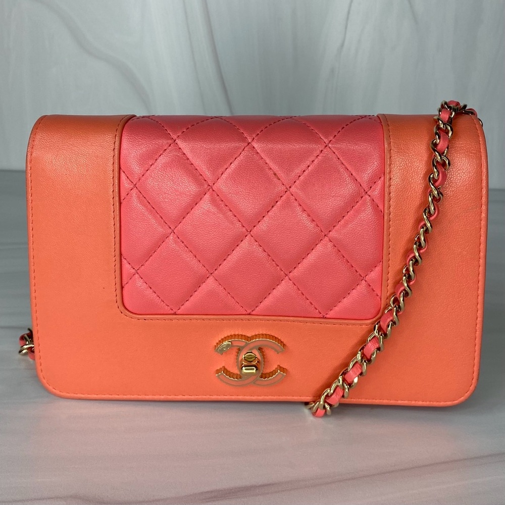 Chanel Mademoiselle Matelasse Flap Quilted Wallet on Chain Bag Pink Peach Orange